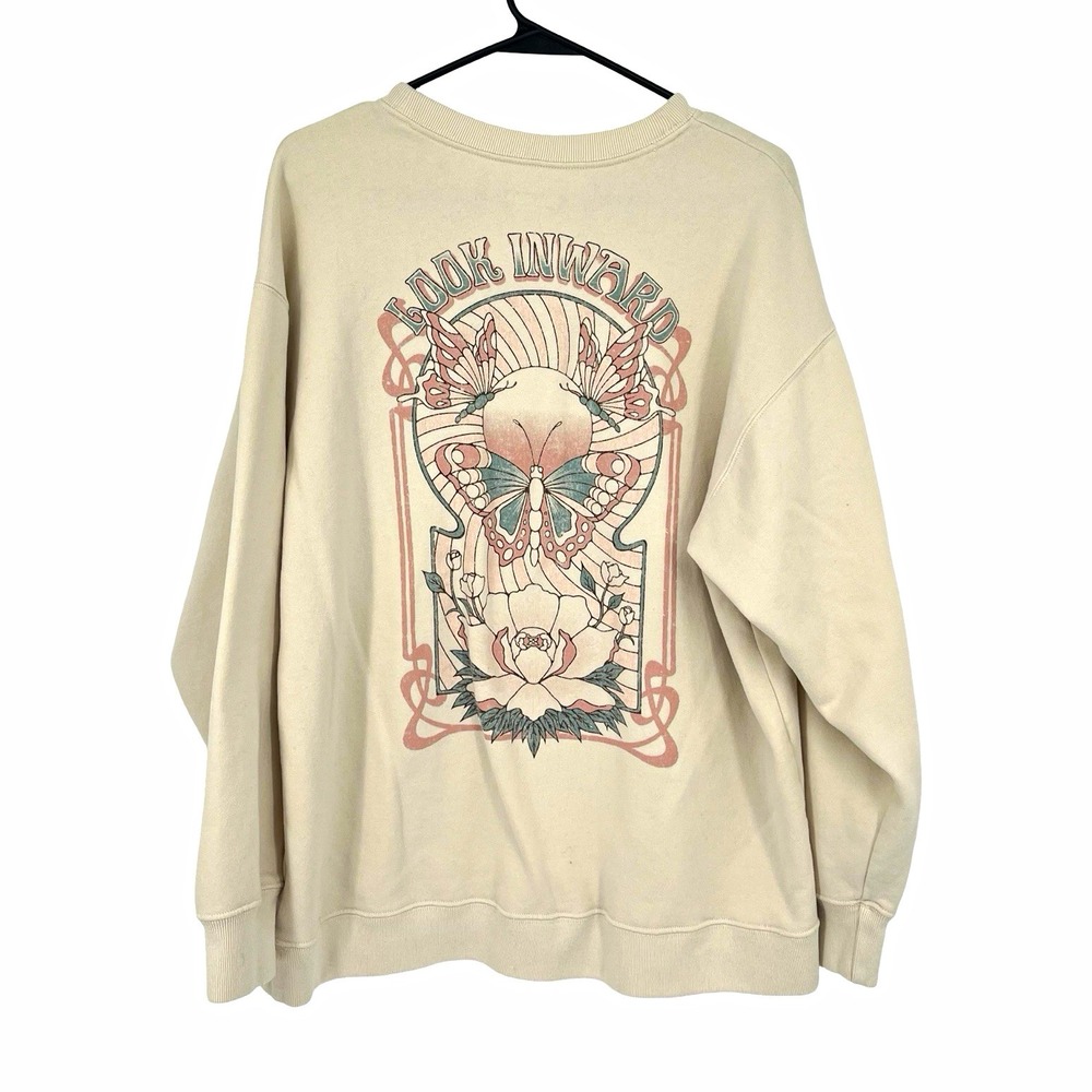 Hollister California Sweatshirt Women's L Beige Crewneck Butterfly Graphic